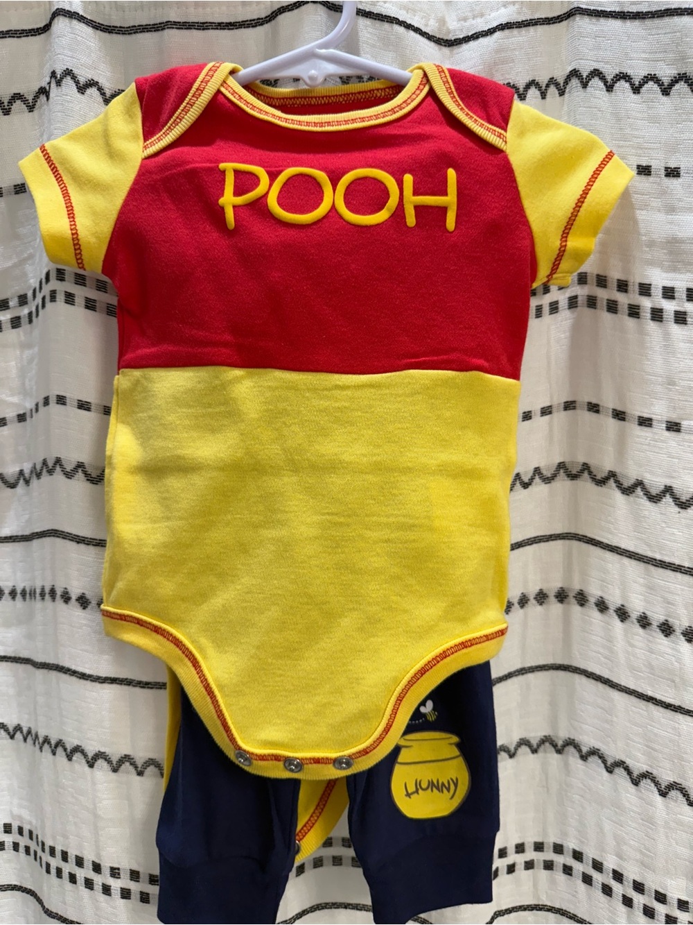 Disney Red & Yellow Pooh Colorblock Baby One-Piece Bodysuit and Pants with Hat